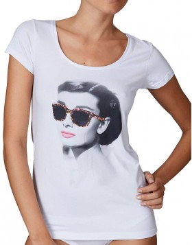 Jadea άσπρη βαμβακερή κοντομάνικη μπλούζα με στάμπα Audrey Hepburn 4279Α