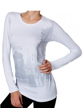 Jadea άσπρη βισκόζ μακρυμάνικη μπλούζα με στάμπα πόλη 4290Α