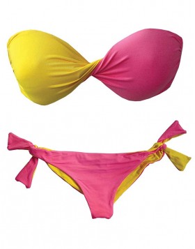 L' aura Blue ροζ-κίτρινο bikini set strapless Β & brazilian slip Β5832